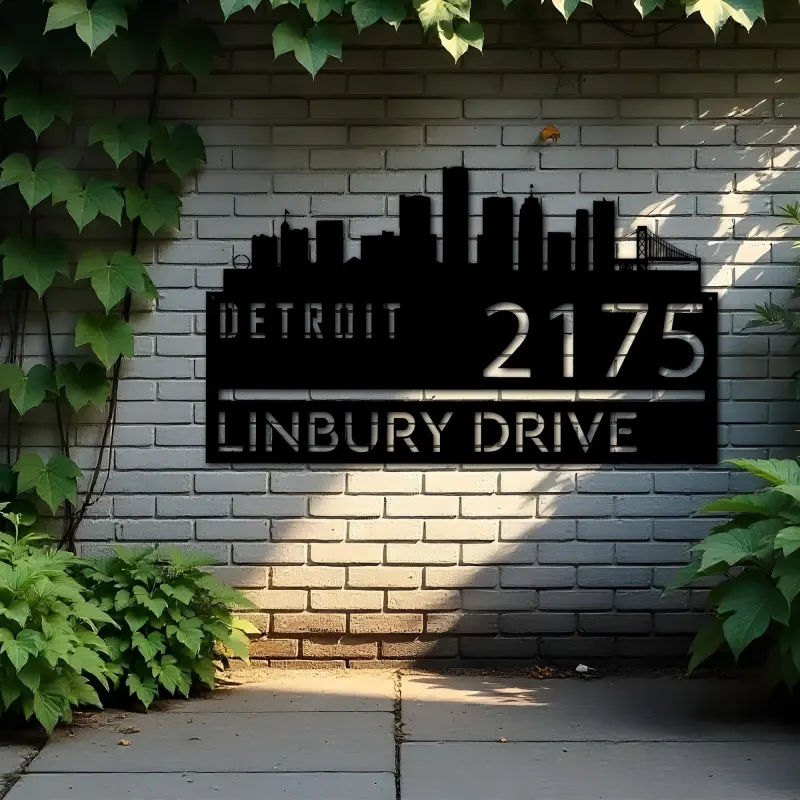 Custom Metal Detroit city skyline Metal Address Sign Hanging Address Plaque house number Yard Outdoor Sign