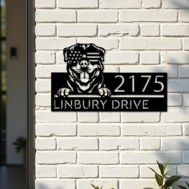 Custom Metal Rottweiler dog US flag glasses Metal Address Sign House number Hanging Address Plaque Yard Sign Outdoor decor