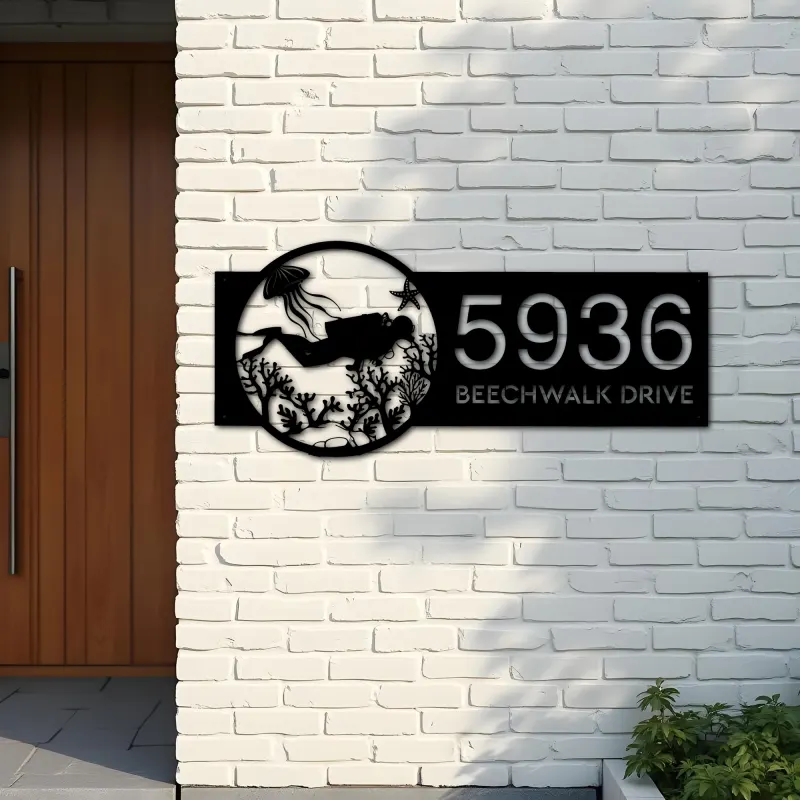 Custom Metal Scuba diving Metal Address Sign, House number, Outdoor Number Signage, Yard Sign Address Plate