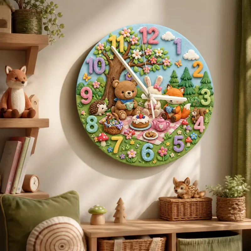 Woodland Animal Tea Party Kids Room Wall Clock