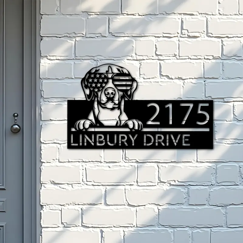 Custom Metal Foxhound dog US flag glasses Metal Address Sign House number Hanging Address Plaque Yard Sign Outdoor decor