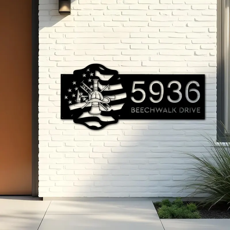 Custom Metal Fireman fire fighter department US flag Metal Address Sign House number Hanging Address Plaque Yard Sign Outdoor