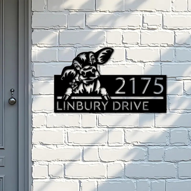 Custom Metal Peeking Calf farm animal ranch Metal Address Sign, House number, Outdoor Number Signage, Yard Sign Address Plate