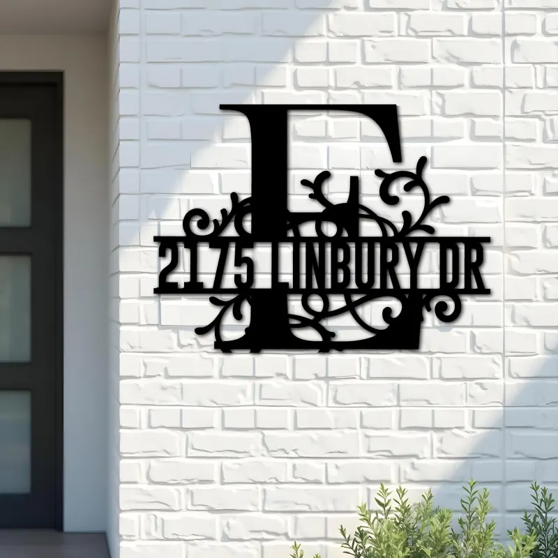 Custom Metal Floral Monogram Split Letter E Metal Address Sign House number Hanging Address Plaque Yard Sign Outdoor decor