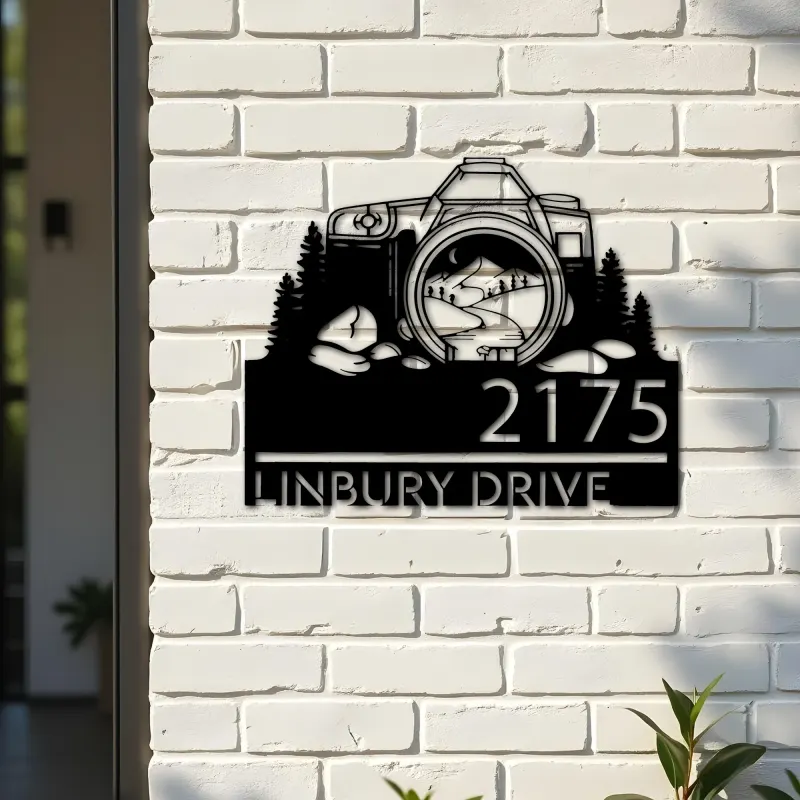 Custom Metal Camera mountain scene photography Metal Address Sign, House number, Outdoor Number Signage, Yard Sign Address Plate