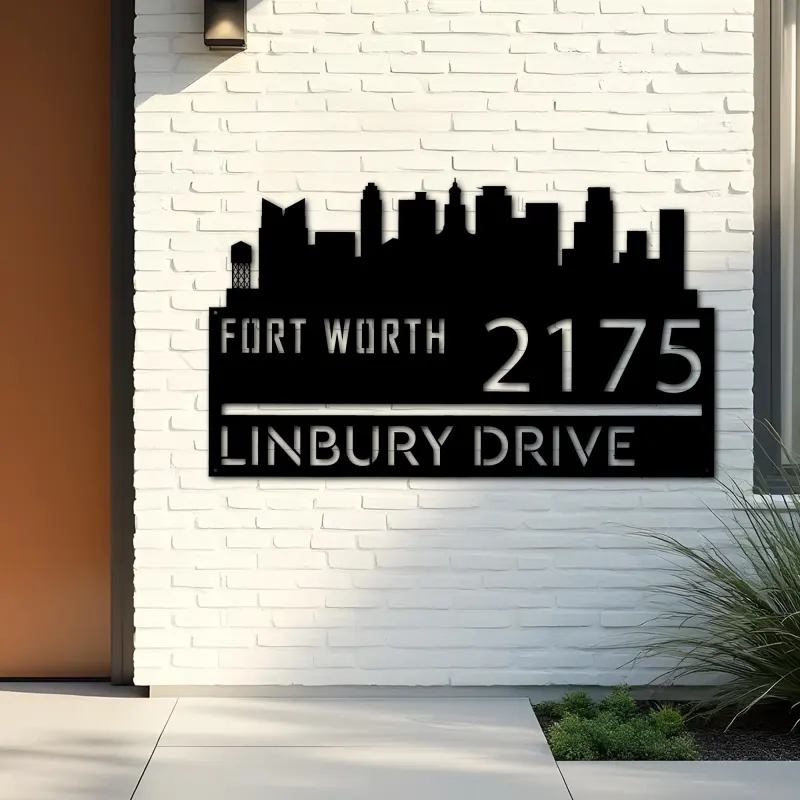 Custom Metal Fort Worth city skyline Metal Address Sign Hanging Address Plaque house number Yard Outdoor Sign