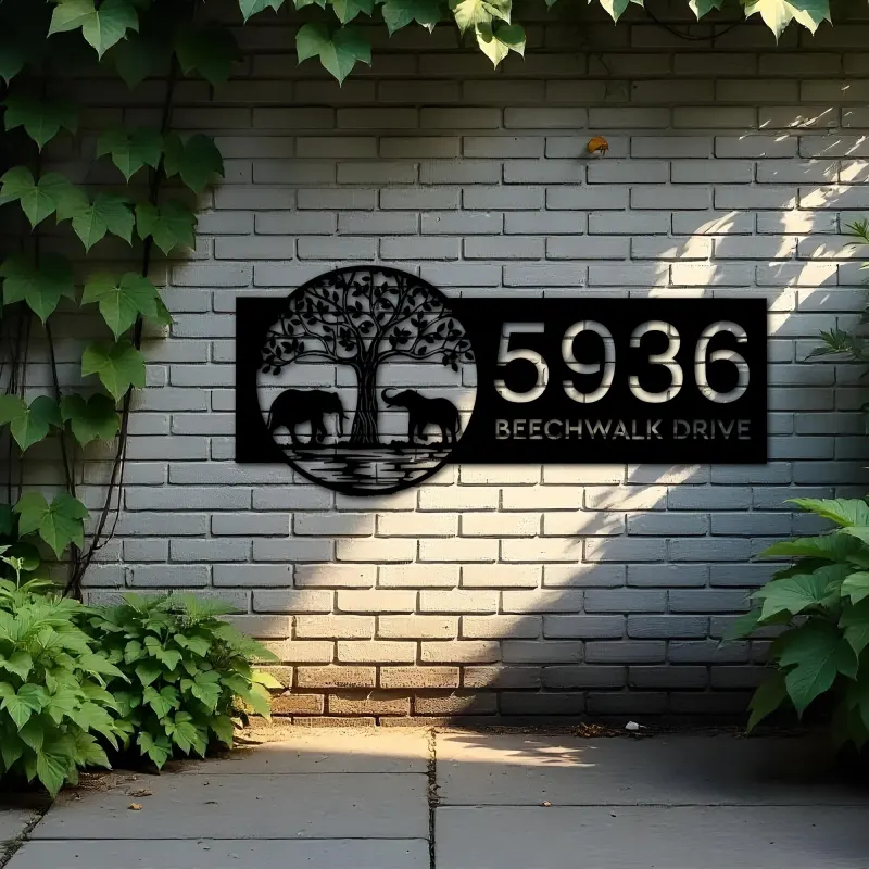 Custom Metal Leafy Tree and Couple Elephants Metal Address Sign, House number, Outdoor Number Signage, Yard Sign Address Plate