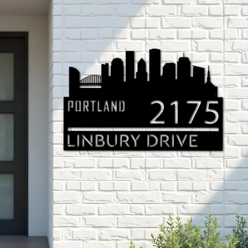 Custom Metal Portland city skyline Metal Address Sign Hanging Address Plaque house number Yard Outdoor Sign