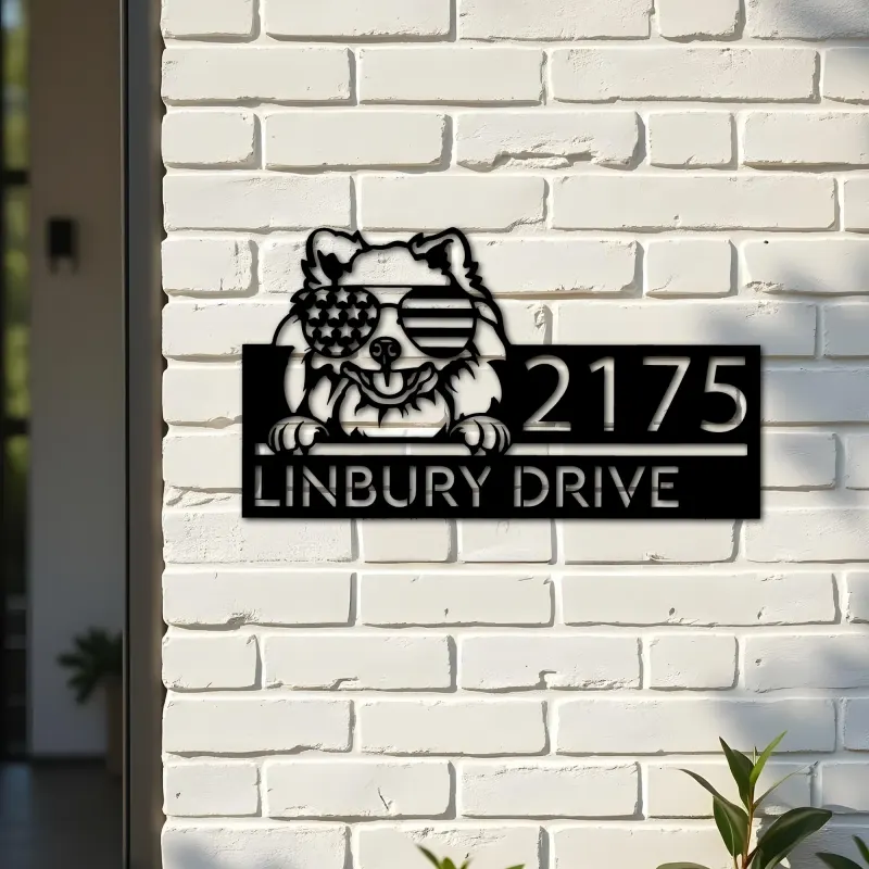Custom Metal Pomeranian dog US flag glasses Metal Address Sign House number Hanging Address Plaque Yard Sign Outdoor decor
