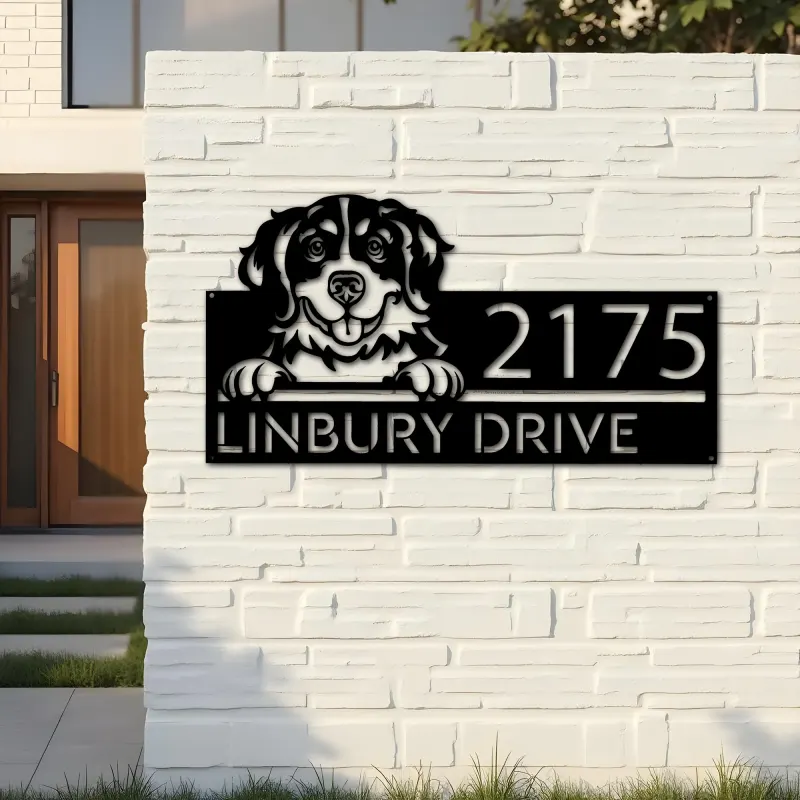 Custom Metal Bernese mountain dog cute puppy Metal Address Sign House number Hanging Address Plaque Yard Sign Outdoor decor