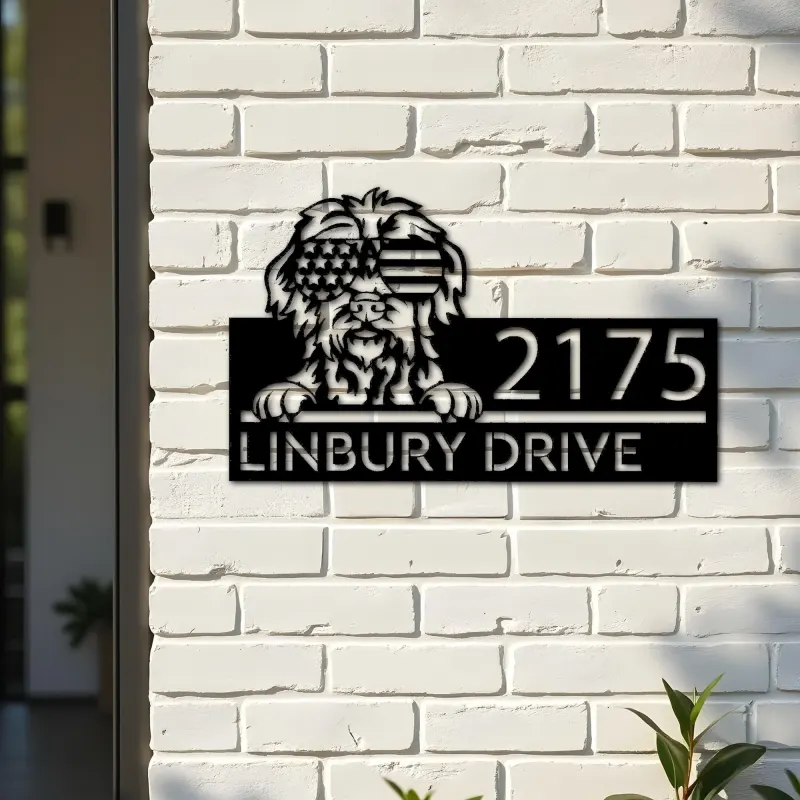 Custom Metal Wirehaired dog US flag glasses Metal Address Sign House number Hanging Address Plaque Yard Sign Outdoor decor