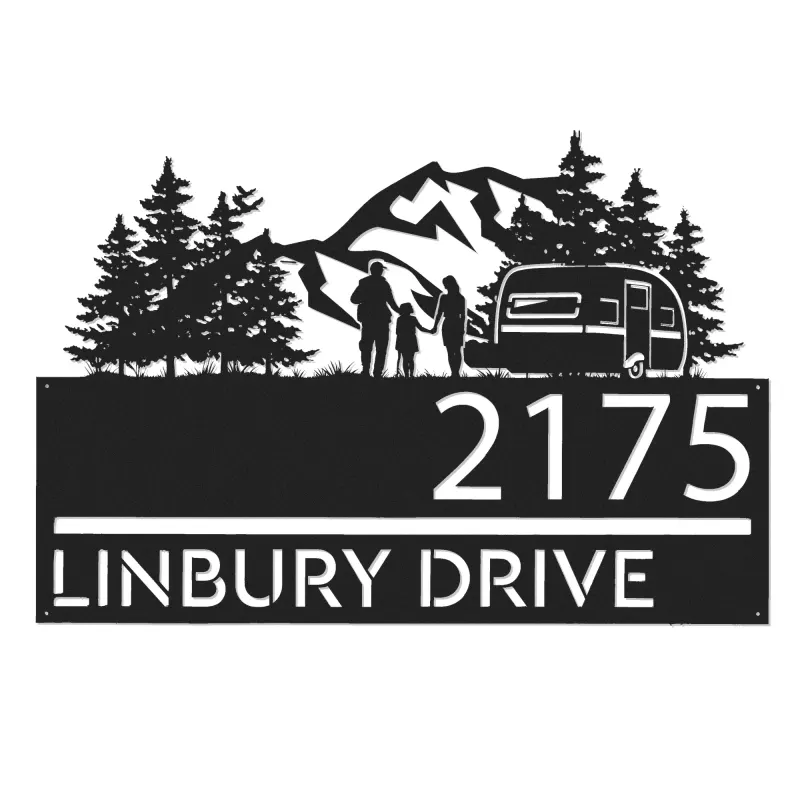 Custom Metal Camping trailer mountain pine tree Metal Address Sign, House number, Outdoor Number Signage, Yard Sign Address Plate