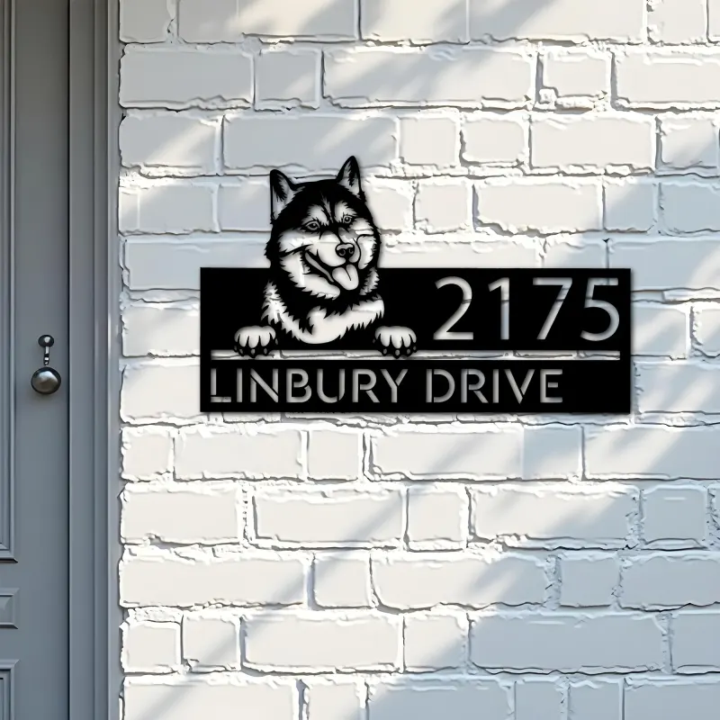 Custom Metal Siberian Husky dog Puppy Metal Address Sign House number Hanging Address Plaque Yard Sign Outdoor decor