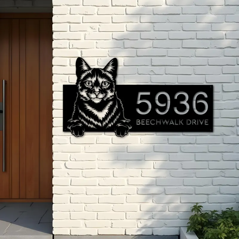 Custom Metal Domestic Cute peeking cat kitten Metal Address Sign, House number, Outdoor Number Signage, Yard Sign Address Plate