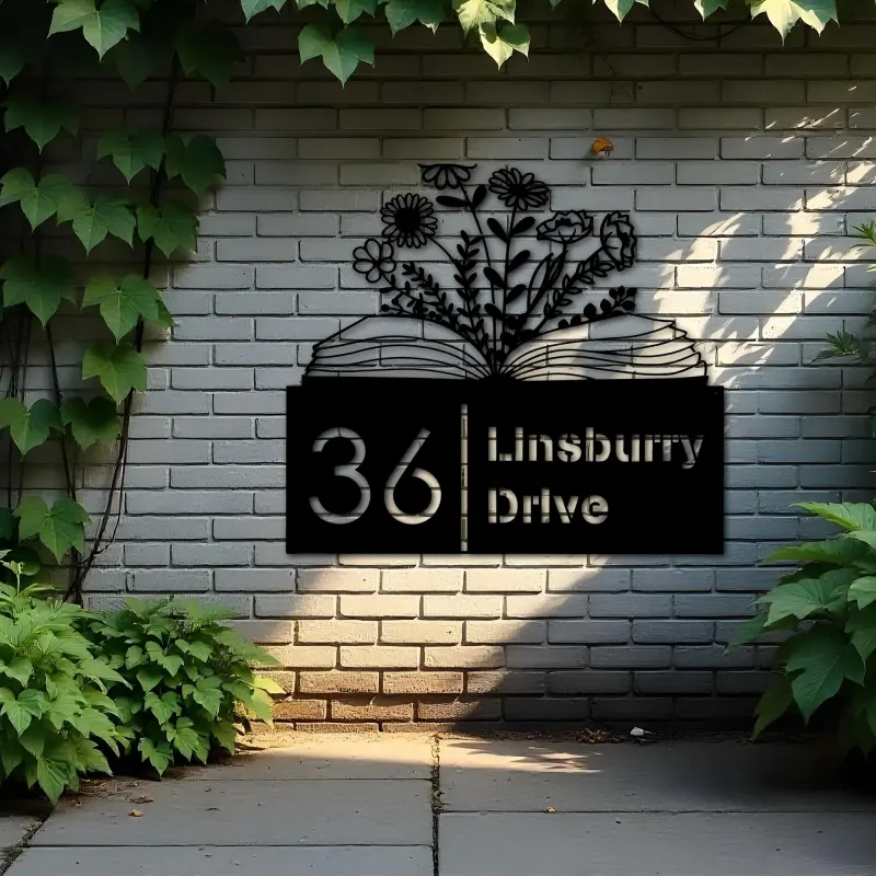 Custom Metal Floral book book lover reading Metal Address Sign, House number, Outdoor Number Signage, Yard Sign Address Plate