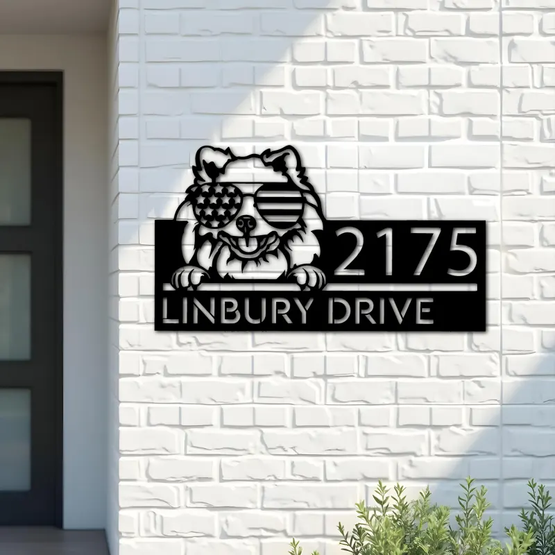 Custom Metal Pomeranian dog US flag glasses Metal Address Sign House number Hanging Address Plaque Yard Sign Outdoor decor