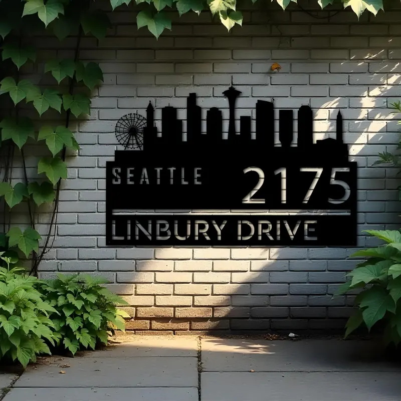 Custom Metal Seattle city skyline Metal Address Sign Hanging Address Plaque house number Yard Outdoor Sign