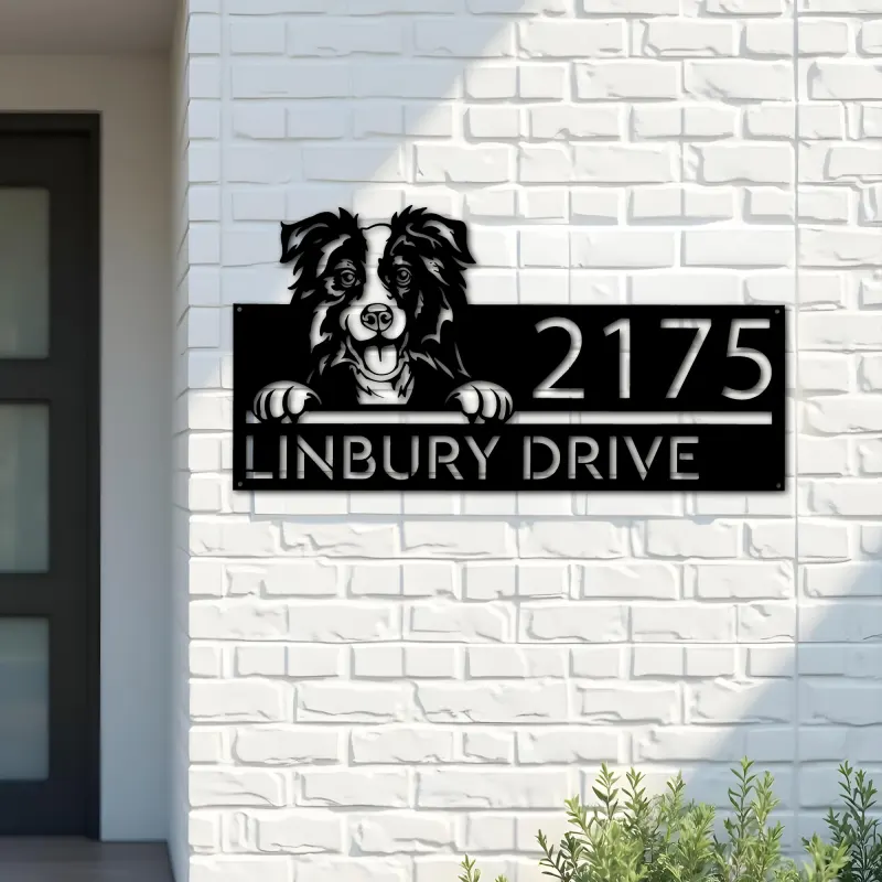 Custom Metal Border Collie dog cute puppy Metal Address Sign House number Hanging Address Plaque Yard Sign Outdoor decor