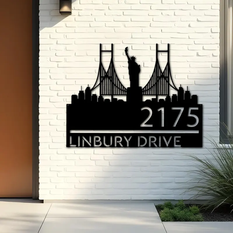 Custom Metal New York Statue of liberty city skyline Metal Address Sign Hanging Address Plaque house number Yard Outdoor Sign