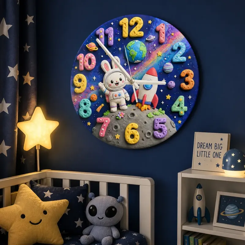 Astronaut Bunny Space Kids Room Wall Clock
