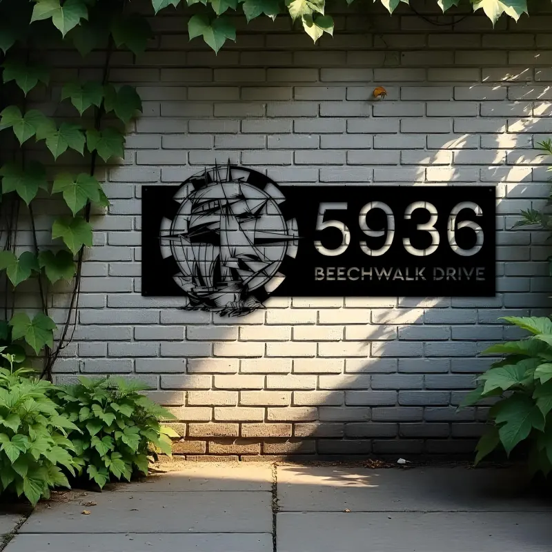 Custom Metal Ship with compass sailing Metal Address Sign, House number, Outdoor Number Signage, Yard Sign Address Plate