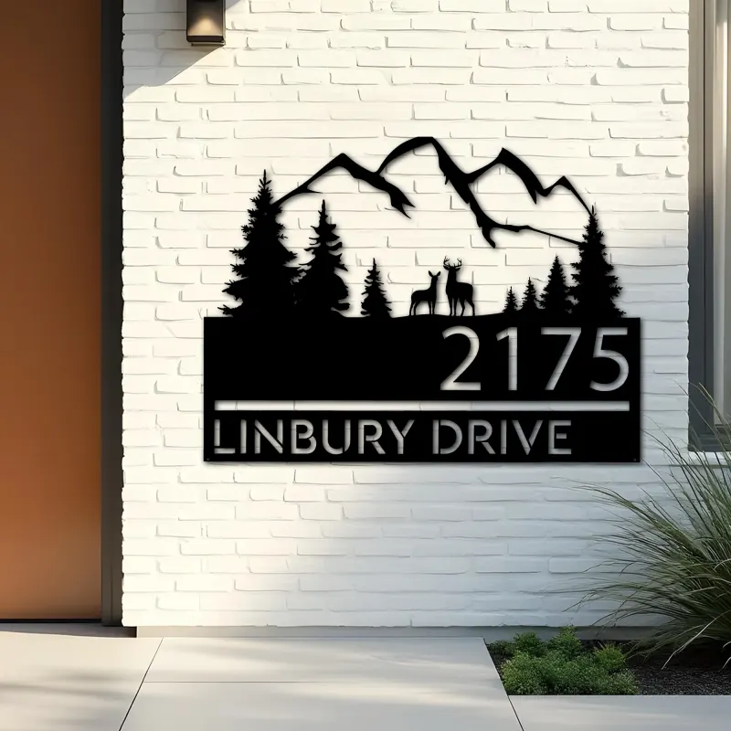 Custom Metal Deer couple mountain scene Metal Address Sign, House number, Outdoor Number Signage, Yard Sign Address Plate