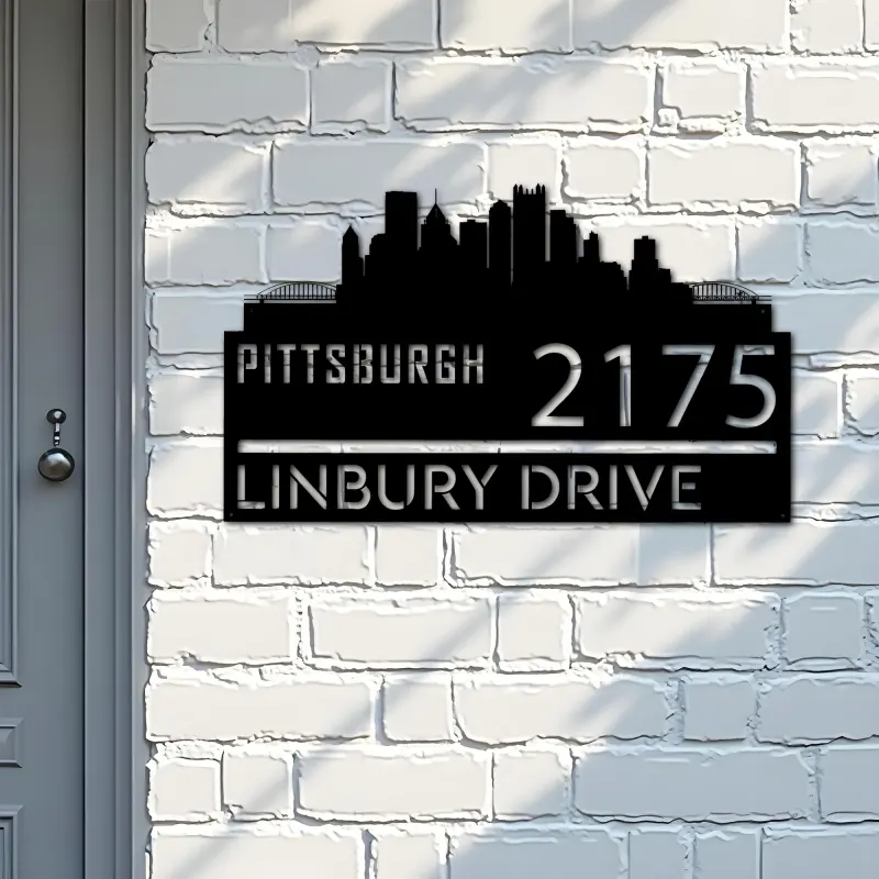 Custom Metal Pittsburgh city skyline Metal Address Sign Hanging Address Plaque house number Yard Outdoor Sign