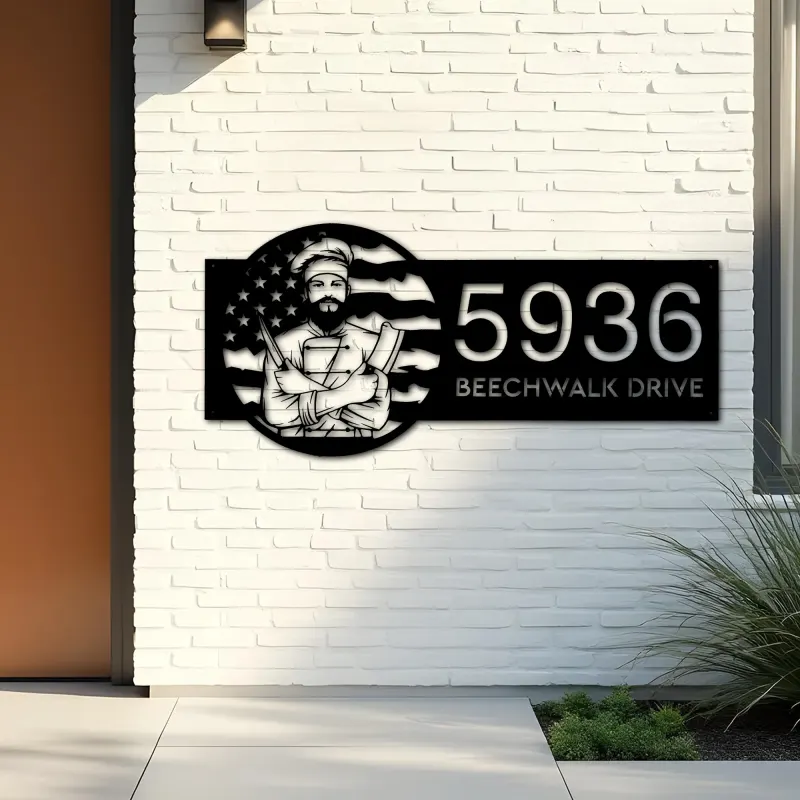 Custom Metal Chef cook cooking US flag Metal Address Sign, House number, Outdoor Number Signage, Yard Sign Address Plate