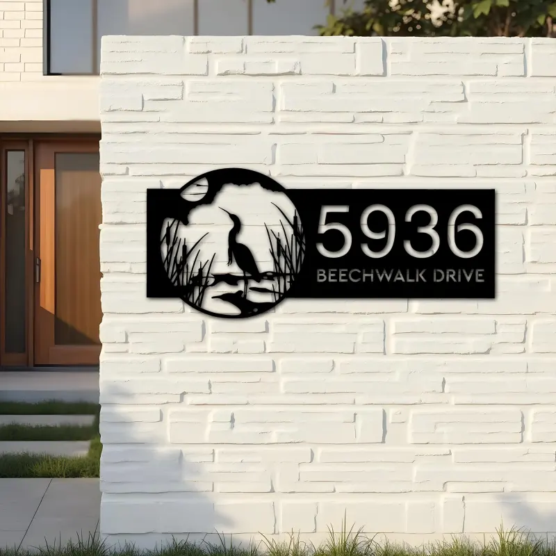 Custom Metal Heron on Lake Metal Address Sign Custom House number Hanging Address Plaque Yard Sign Outdoor