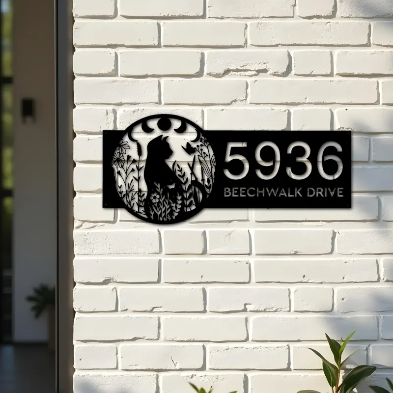 Custom Metal Floral cat moon phases Metal Address Sign, House number, Outdoor Number Signage, Yard Sign Address Plate