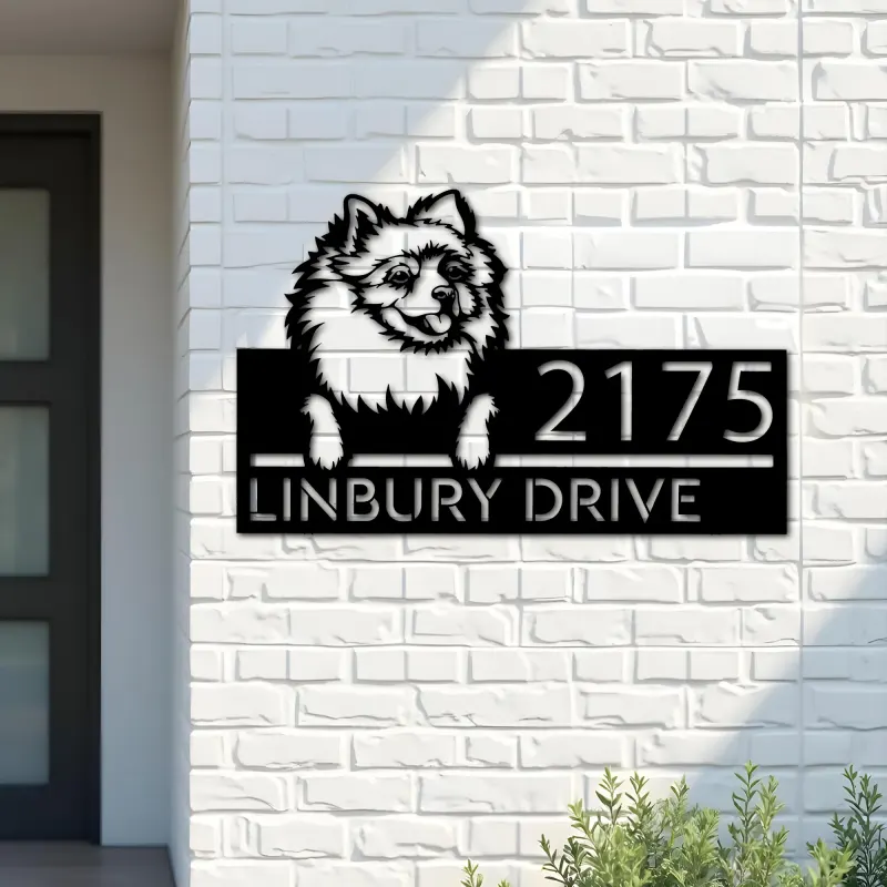 Custom Metal Pomeranian dog Puppy Metal Address Sign House number Hanging Address Plaque Yard Sign Outdoor decor
