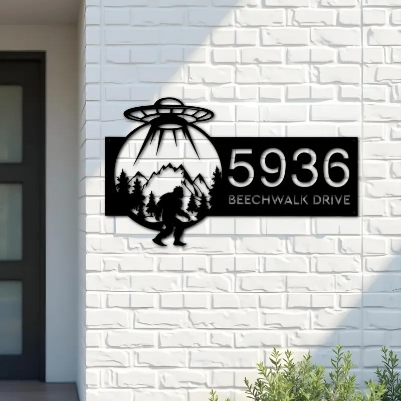 Custom Metal Alien UFO bigfoot sasquatch Metal Address Sign, House number, Outdoor Number Signage, Yard Sign Address Plate