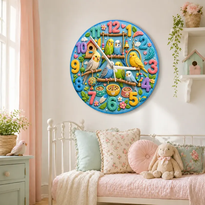 Playful Pet Birds and Parakeets Kids Room Wall Clock