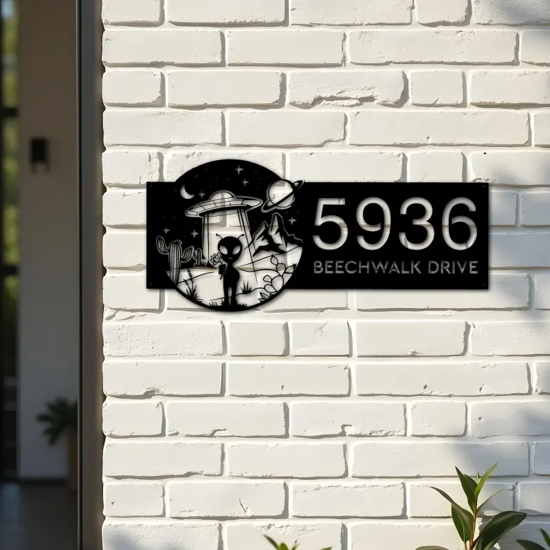 Custom Metal Alien on the Desert UFO Metal Address Sign House number Hanging Address Plaque Yard Sign Outdoor