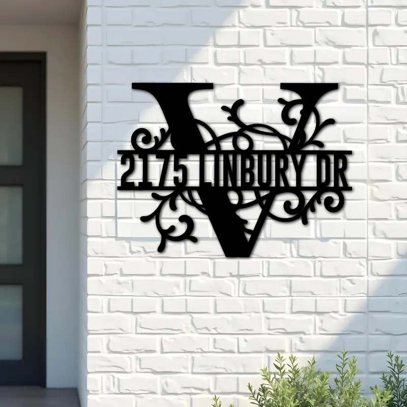 Custom Metal Floral Monogram Split Letter V Metal Address Sign House number Hanging Address Plaque Yard Sign Outdoor decor
