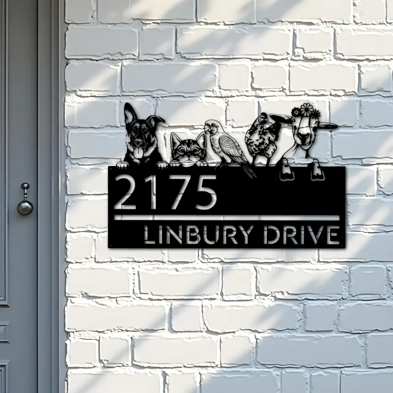 Custom Metal German shepherd cat parrot chicken and goat Metal Address Sign, House number, Outdoor Number Signage, Yard Sign Address Plate