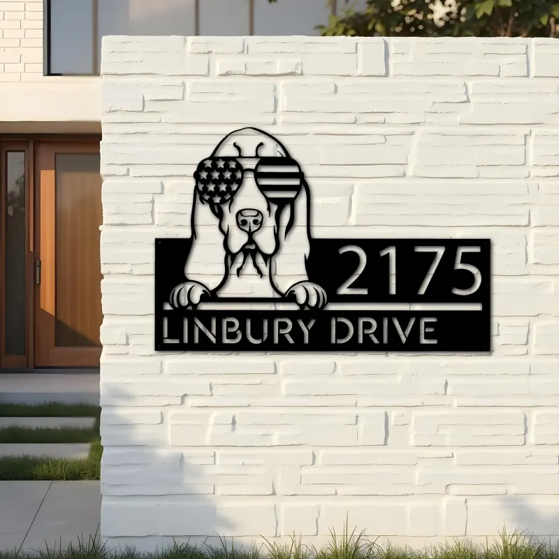 Custom Metal Basset hound dog US flag glasses Metal Address Sign House number Hanging Address Plaque Yard Sign Outdoor decor