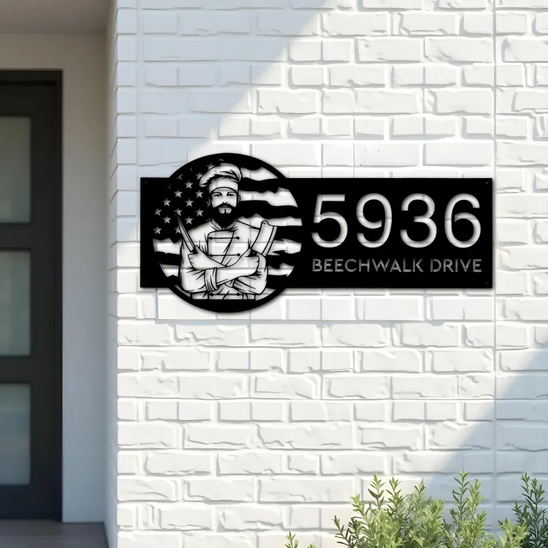 Custom Metal Chef cook cooking US flag Metal Address Sign, House number, Outdoor Number Signage, Yard Sign Address Plate