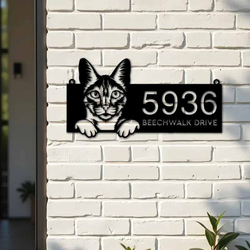 Custom Metal Savannah Cute peeking cat kitten Metal Address Sign, House number, Outdoor Number Signage, Yard Sign Address Plate