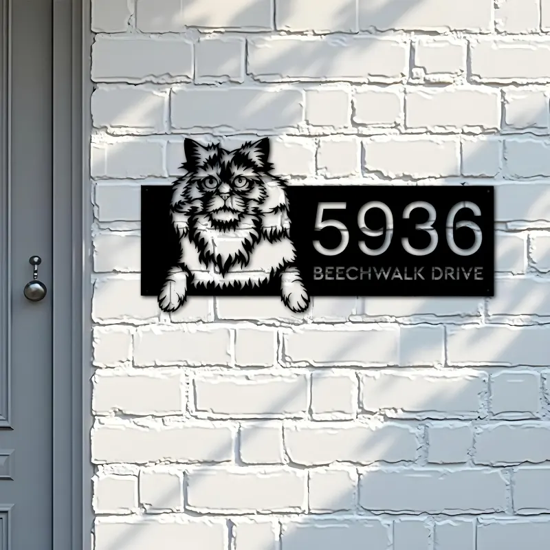 Custom Metal Selkirk rex Cute peeking cat kitten Metal Address Sign, House number, Outdoor Number Signage, Yard Sign Address Plate