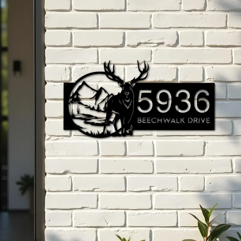 Custom Metal Deer mountain wild scene Metal Address Sign, House number, Outdoor Number Signage, Yard Sign Address Plate