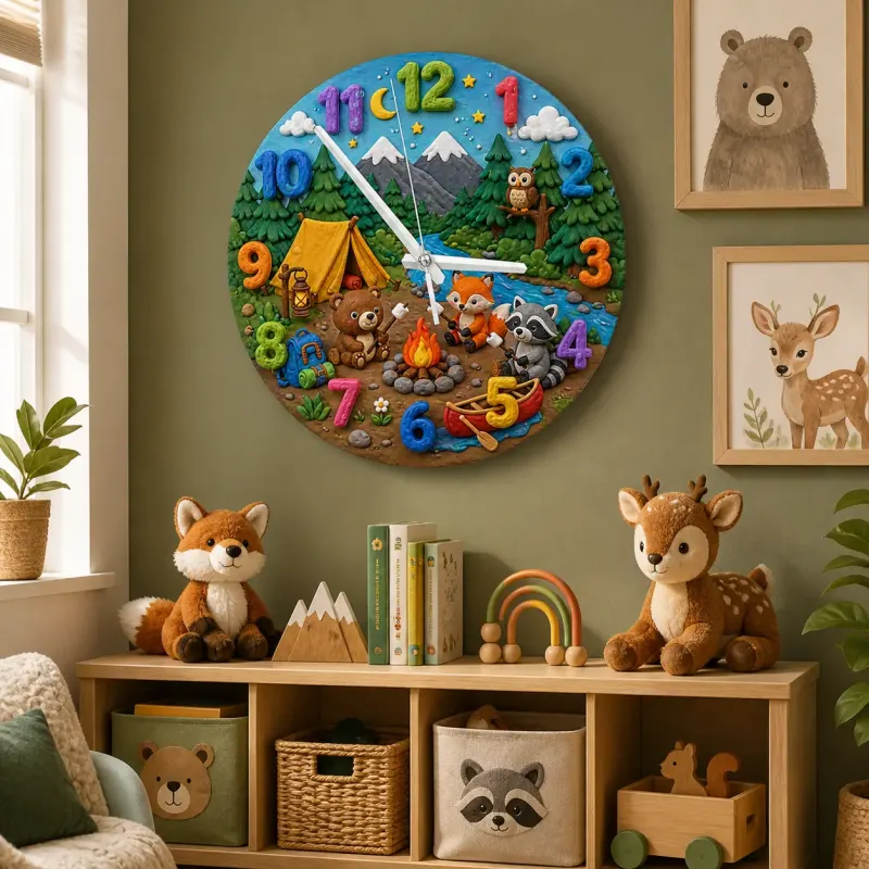 Woodland Camping Animals Kids Room Wall Clock