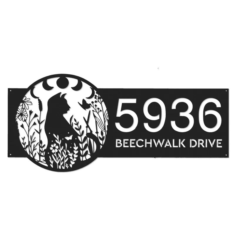 Custom Metal Floral cat moon phases Metal Address Sign, House number, Outdoor Number Signage, Yard Sign Address Plate