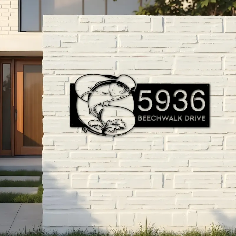 Custom Metal Trevally fishing rod bait hook Metal Address Sign, House number, Outdoor Number Signage, Yard Sign Address Plate