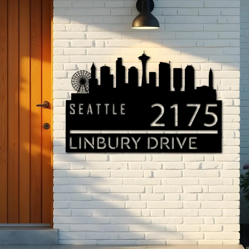 Custom Metal Seattle city skyline Metal Address Sign Hanging Address Plaque house number Yard Outdoor Sign
