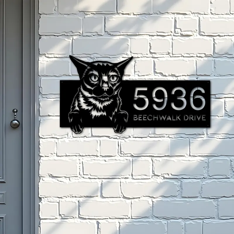 Custom Metal Burma Cute peeking cat kitten Metal Address Sign, House number, Outdoor Number Signage, Yard Sign Address Plate