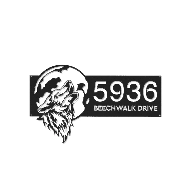 Custom Metal Wolf howling on full moon Metal Address Sign, House number, Outdoor Number Signage, Yard Sign Address Plate001
