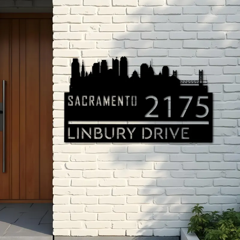 Custom Metal Sacramento city skyline Metal Address Sign Hanging Address Plaque house number Yard Outdoor Sign
