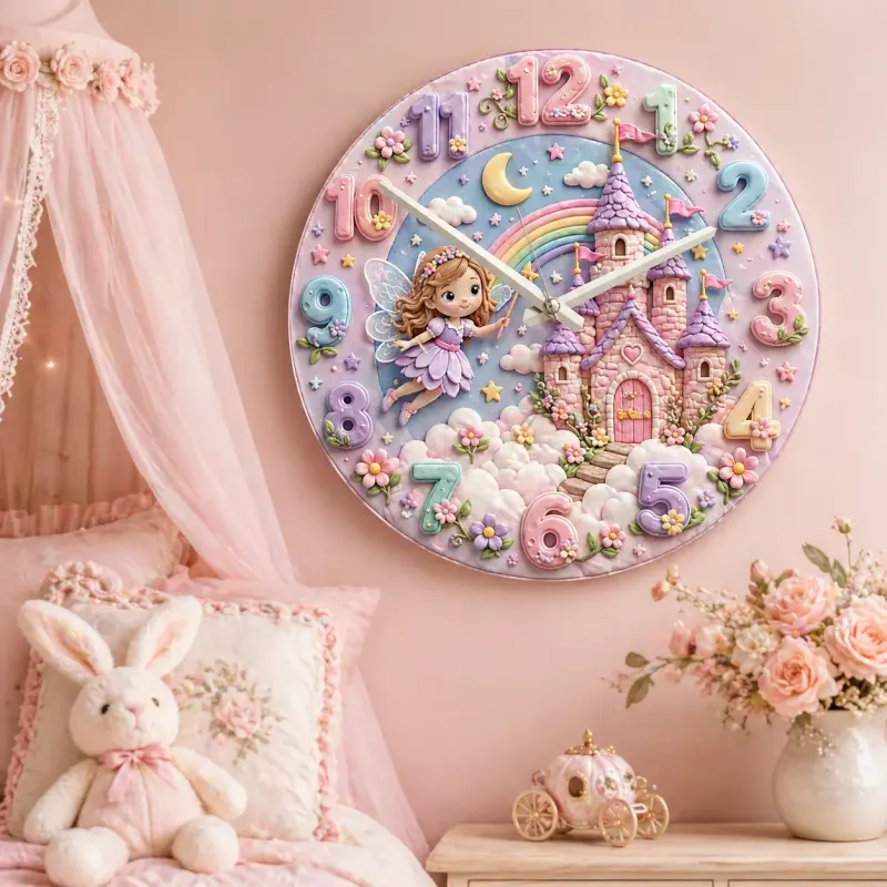 Feen Schloss und Regenbogen Wanduhr für Kinderzimmer | Magische Pastell Dekoration für das Kinderzimmer, Geschenk für kleine Mädchen (34,5 cm)