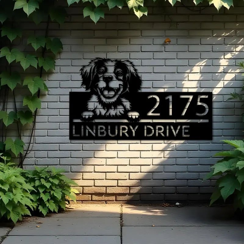 Custom Metal Brittany dog Puppy Metal Address Sign House number Hanging Address Plaque Yard Sign Outdoor decor